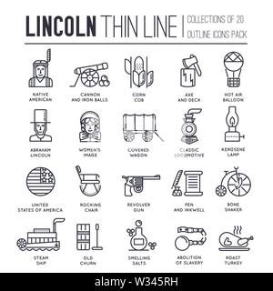 Set of President day in USA thin line icons on white. Abraham Lincoln life`s moments outline pictograms collection. Technological advances of 19th cen Stock Vector